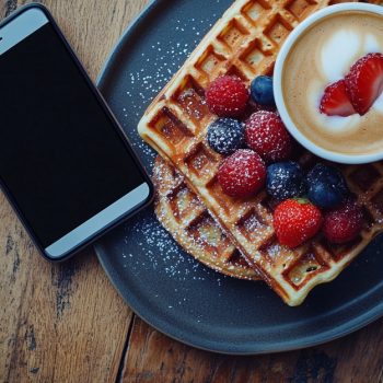 waffles-berries-coffee-phone-wooden-table